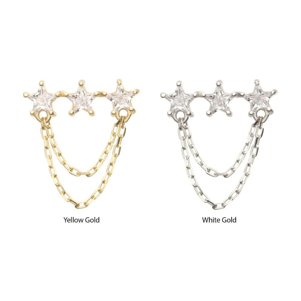 Invictus | 14k gold | Triple Cluster Star CZ Gem Top with 2-Tier Chain Dangle | Clear CZ
