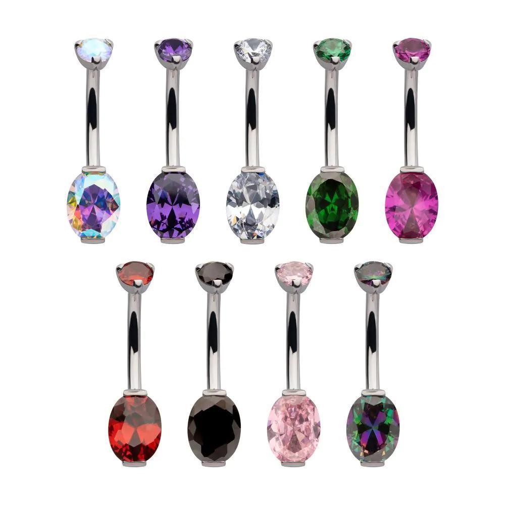 Invictus | Titanium | Internally Threaded Double Prong Set Oval Gem Navel w/ Fixed Bottom | Cubic Zirconia