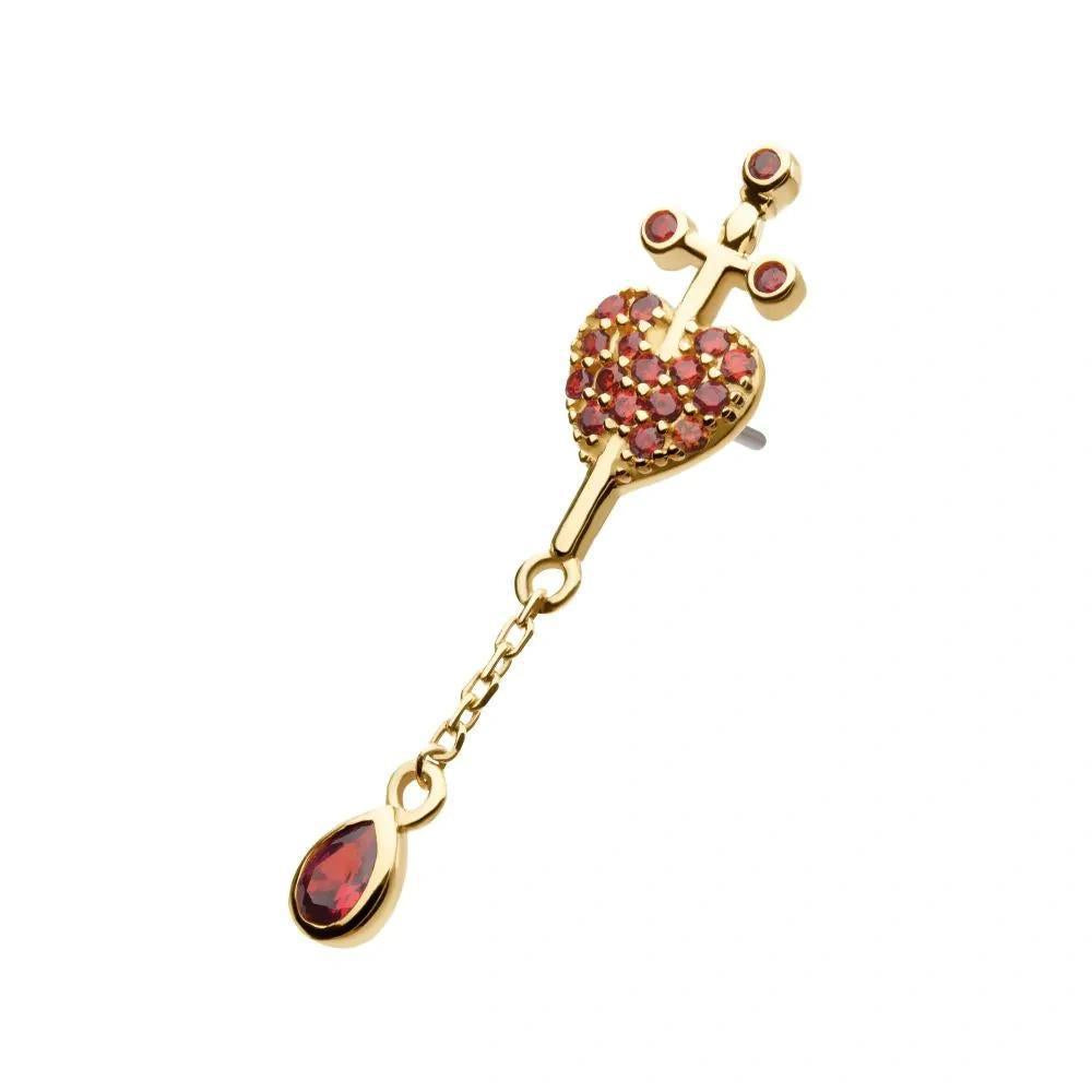 Invictus | 14k gold | Heart Dagger with Tear Drop Dangle | Garnet CZ