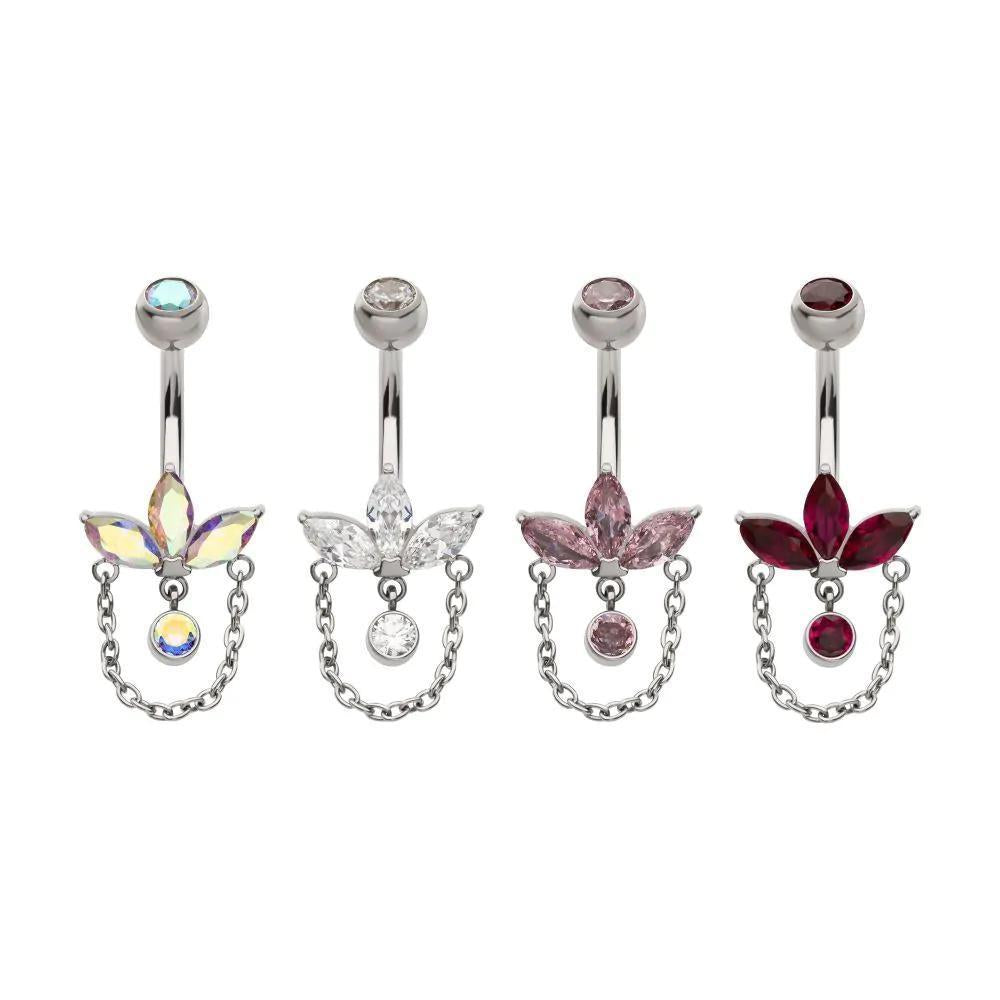 Invictus | Titanium | Internally Threaded Marquise Gem Fan Navel w/ Floating Gem + Dangle Chain | Cubic Zirconia