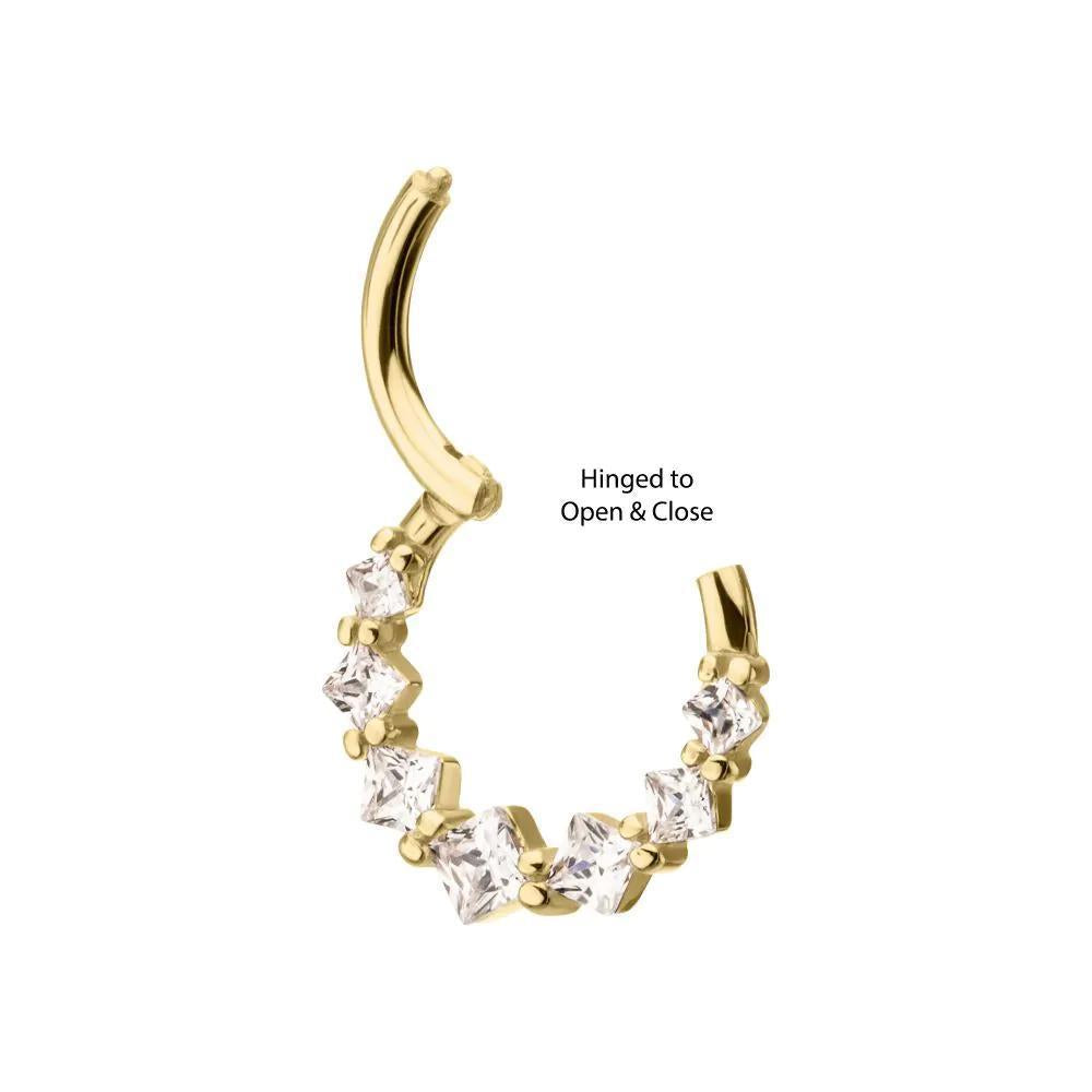 Invictus | 14k gold | Prong Princess Clear CZ Cluster Front Facing Hinged Hoop