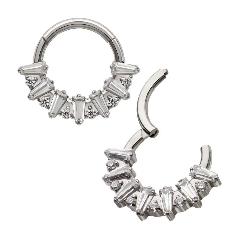 Invictus | Titanium | "Baguette Crown" Baguette w/ Round Accent Gems Front Facing Hinged Hoop | Cubic Zirconia
