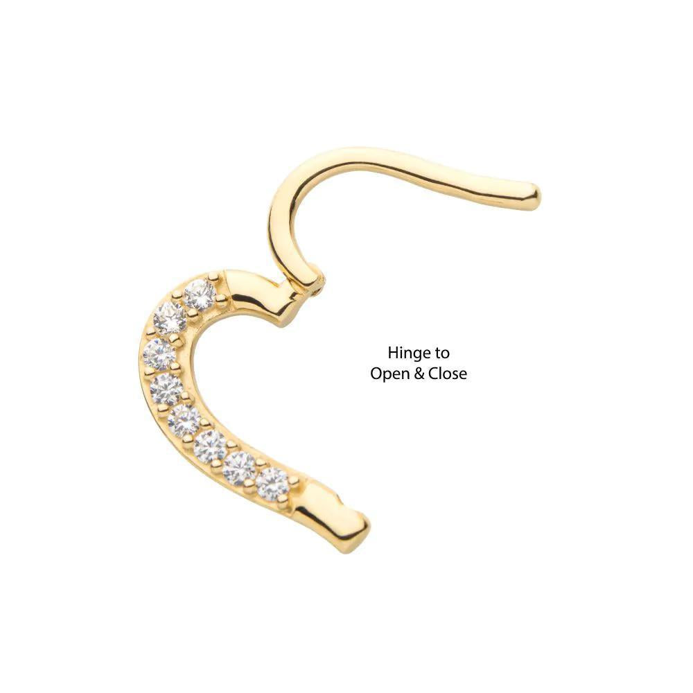 Invictus | 14k gold | CZ Heart (Right Ear) | Front Facing Hinged Hoop | Cubic Zirconia