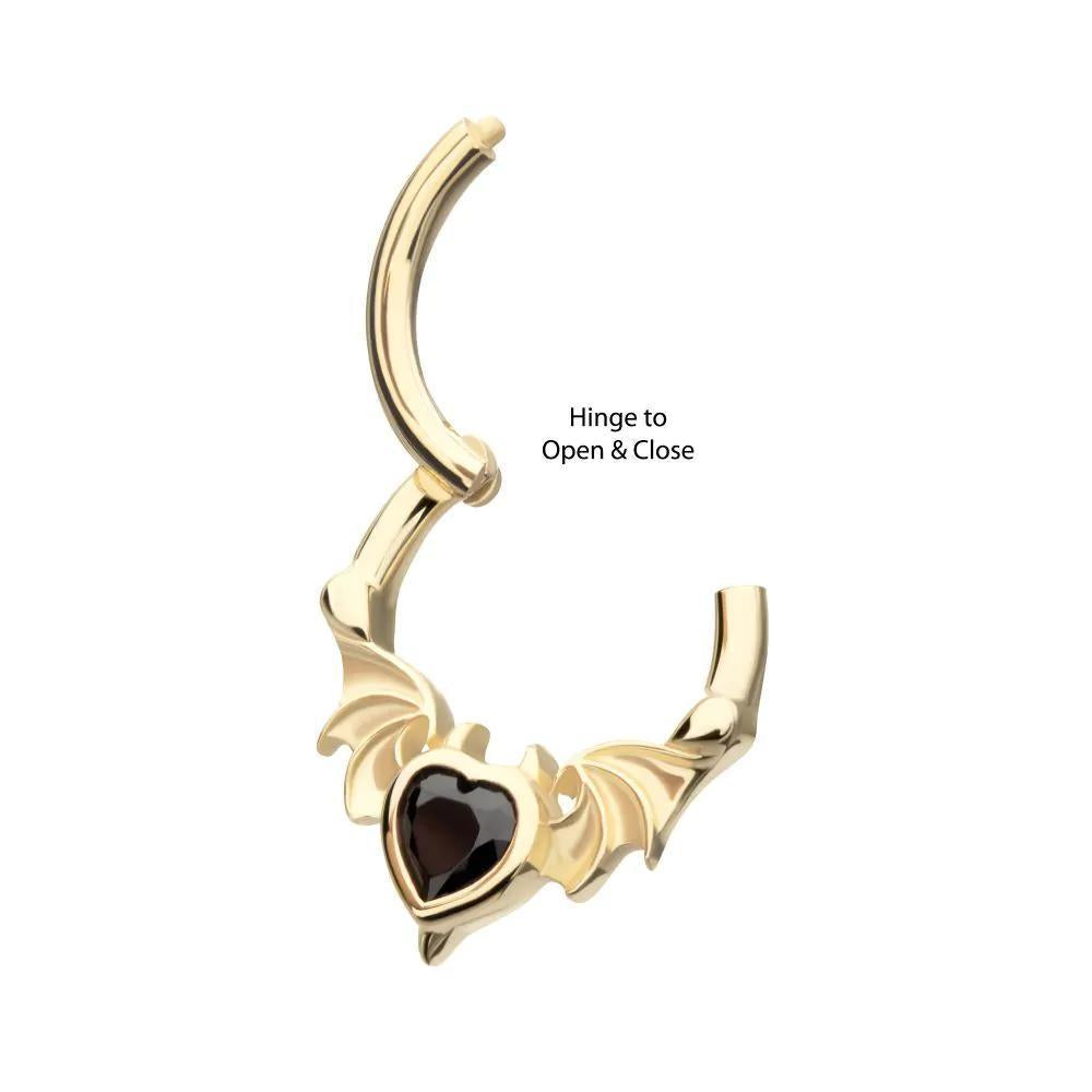 Invictus | 14k gold | Bat Wings with Devil Heart Hinged Hoop