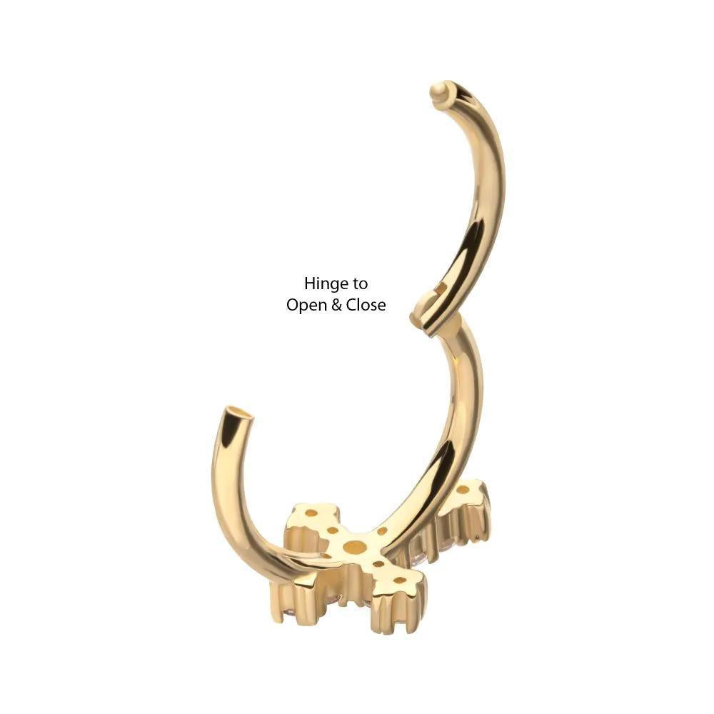 Invictus | 14k gold | Antique Cross Hinged Hoop | Side Facing | Cubic Zirconia