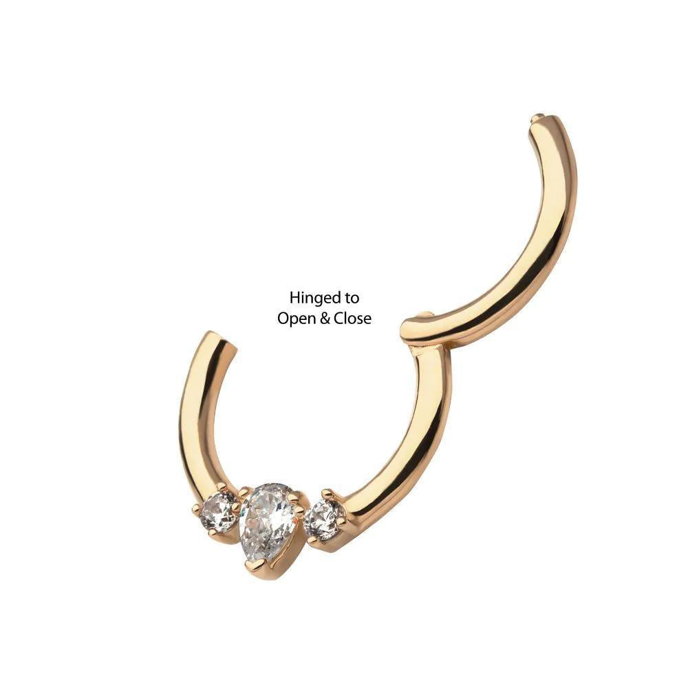Invictus | 14k gold | 3 Cluster Prong Set Marquise & Round CZ | Front Facing Hinged Hoop | Cubic Zirconia