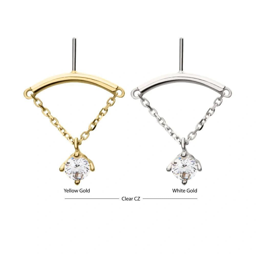 Invictus | 14k gold | Hidden Helix Curved Bar with Dangle | CZ