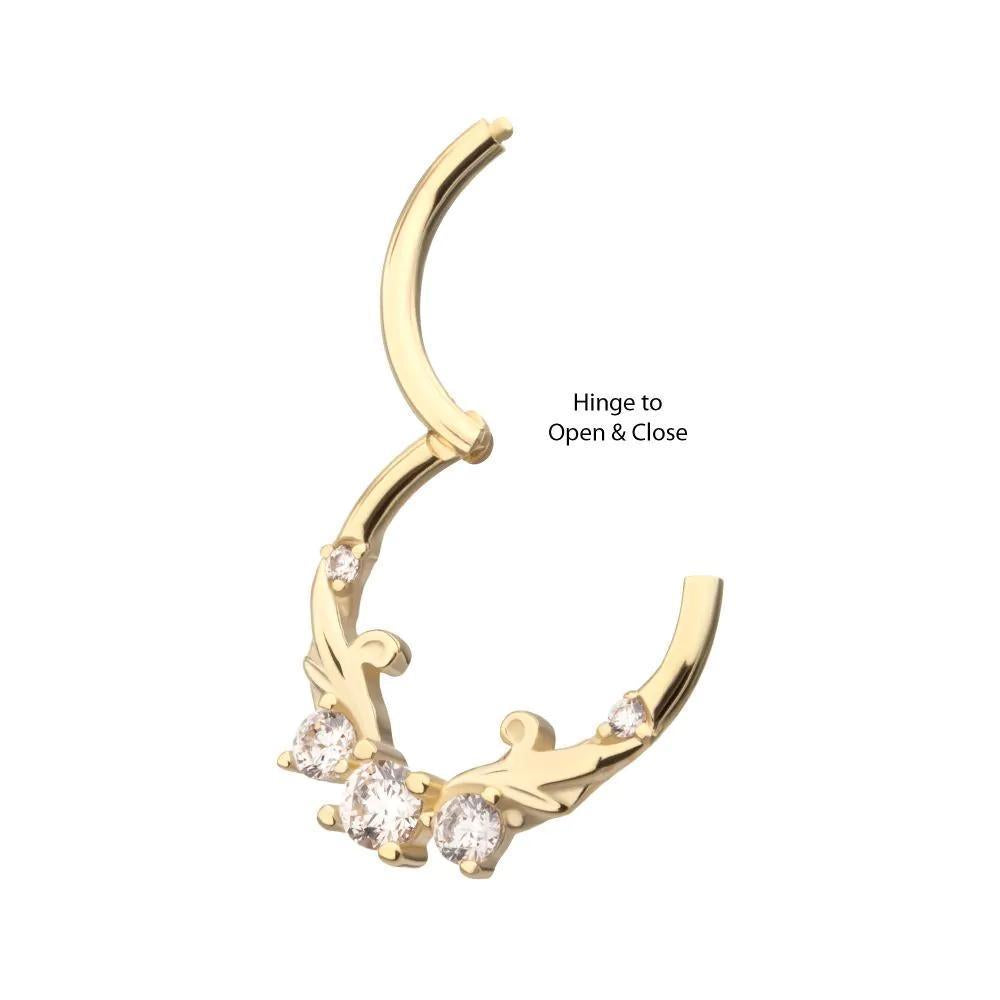 Invictus | 14k gold | Forward Facing Hinged Hoop | Vine with Pronged Gems | Clear CZ