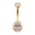 Invictus | 24k Gold PVD Titanium | Internally Threaded Teardrop Halo w/ Gem Edge + Fixed Bottom Navel | Cubic Zirconia