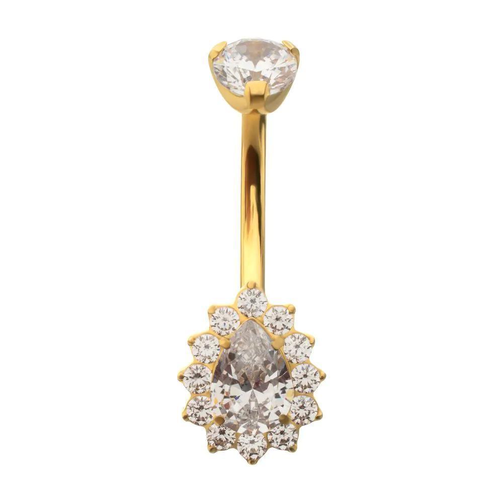 Invictus | 24k Gold PVD Titanium | Internally Threaded Teardrop Halo w/ Gem Edge + Fixed Bottom Navel | Cubic Zirconia