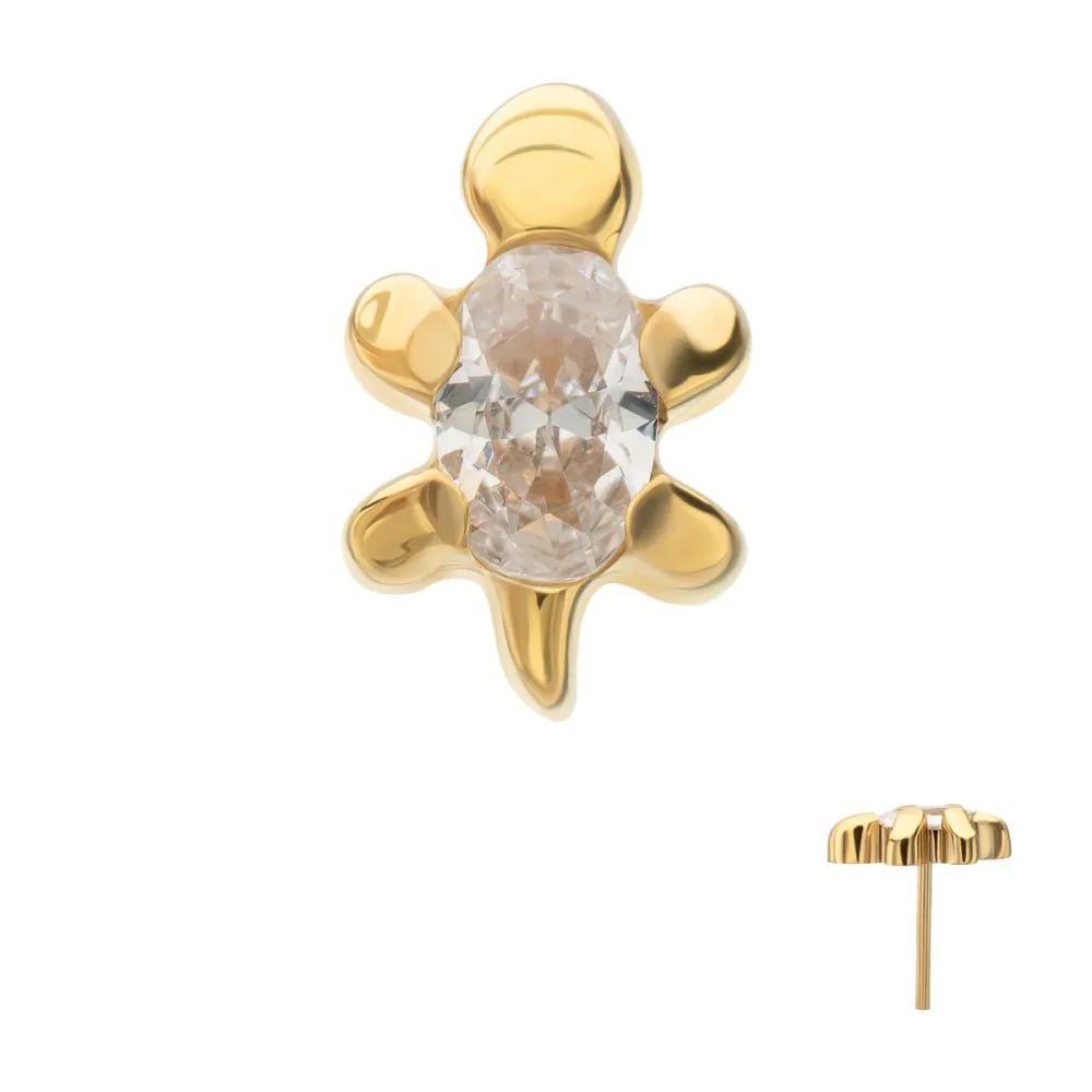 Invictus | 24k Gold PVD Titanium | Threadless Low Profile 3D Sea Turtle Top w/ Prong Set Oval Gem | Cubic Zirconia