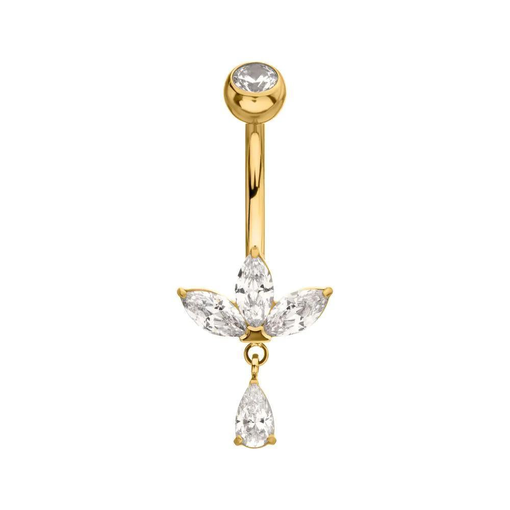 Invictus | 24k Gold PVD Titanium | Internally Threaded Triple Marquise Gem Fan Navel w/ Floating Teardrop Gem Dangle | Cubic Zirconia