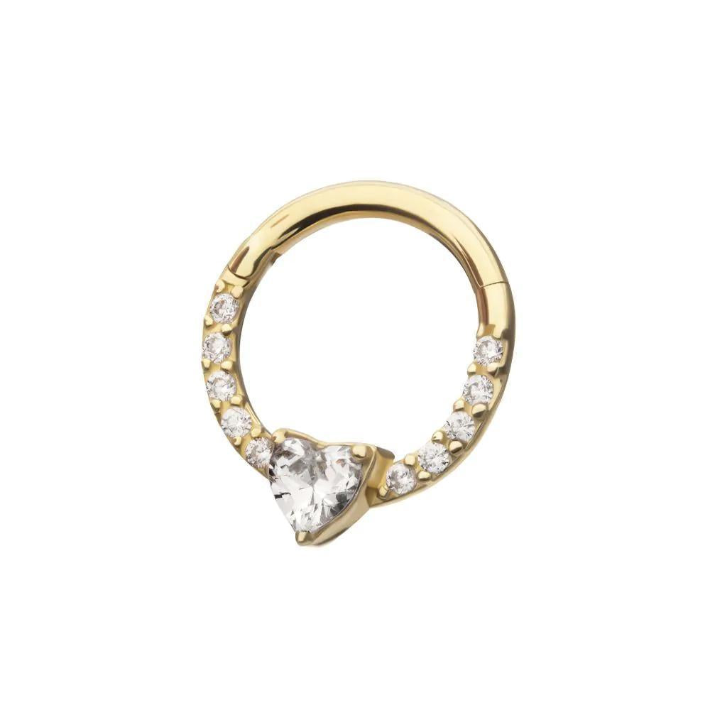 Invictus | 14k gold | Front Facing Hinged Hoop | Heart CZ