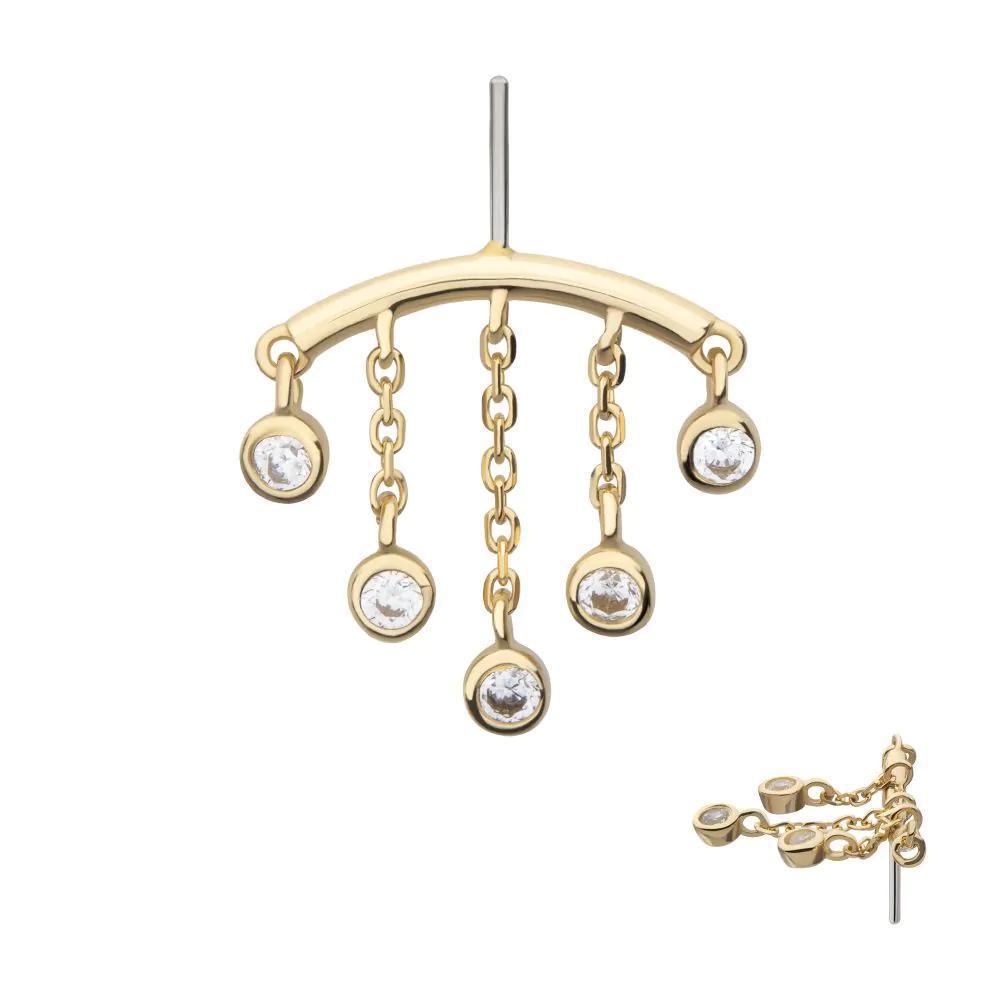 Invictus | 14k gold | Hidden Helix Curved Bar with 5 Bezel Set Dangle | CZ