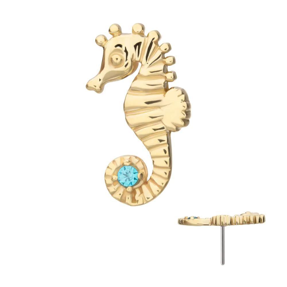 Invictus | 14k gold | Etched Seahorse |Aqua CZ