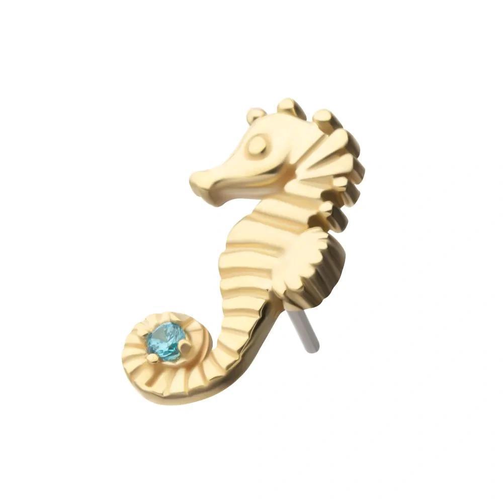 Invictus | 14k gold | Etched Seahorse |Aqua CZ