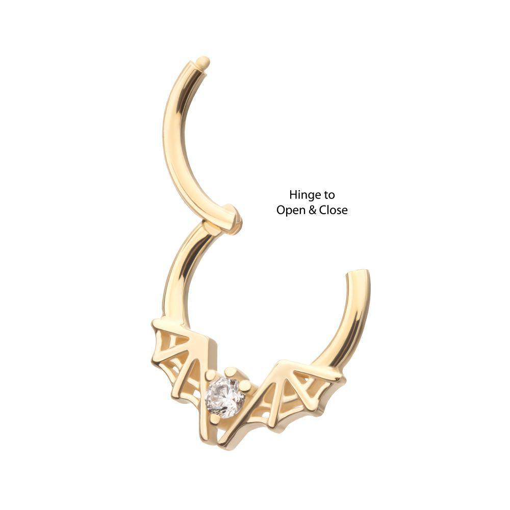 Invictus | 14k gold | Bat Wings Prong Set CZ Gem Front Facing Hinged Hoop