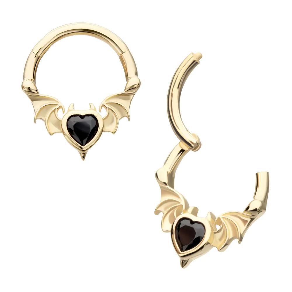 Invictus | 14k gold | Bat Wings with Devil Heart Hinged Hoop