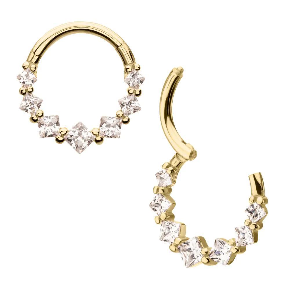 Invictus | 14k gold | Prong Princess Clear CZ Cluster Front Facing Hinged Hoop