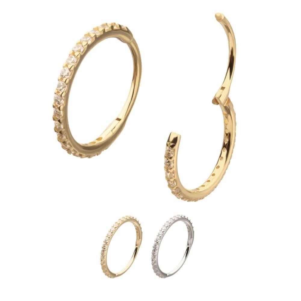 Invictus | 14k gold | 20g Prong 1mm Clear CZ Gem Side Facing Hinged Hoop