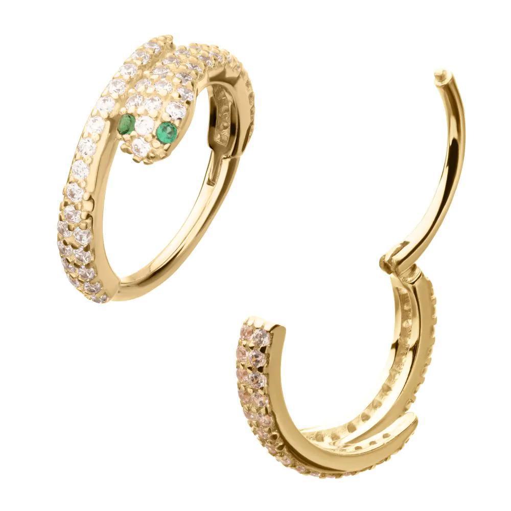 Invictus | 14k gold | Pave Clear CZ Snake with Emerald CZ Eyes Side Facing Hinged Hoop