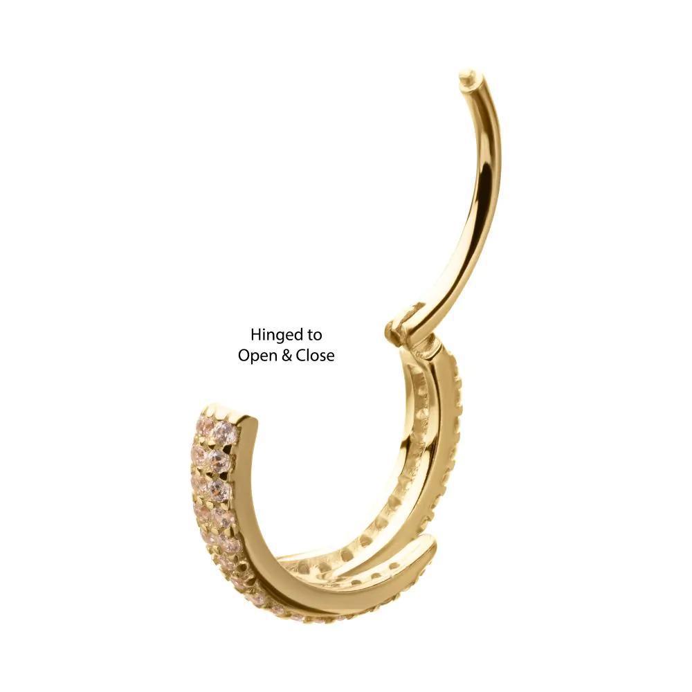 Invictus | 14k gold | Pave Clear CZ Snake with Emerald CZ Eyes Side Facing Hinged Hoop