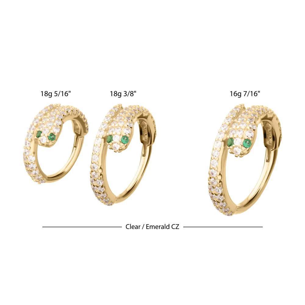 Invictus | 14k gold | Pave Clear CZ Snake with Emerald CZ Eyes Side Facing Hinged Hoop