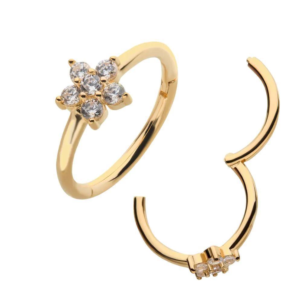 Invictus | 14k gold | Flower Side Facing Hinged Hoop | Clear CZ