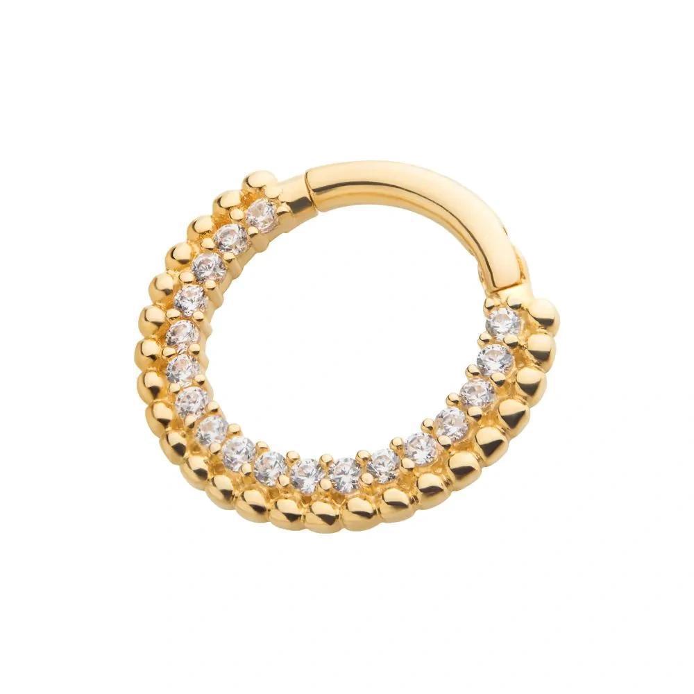 Invictus | 14k gold | Beaded Edge Front Facing Hinged Hoop | Clear CZ