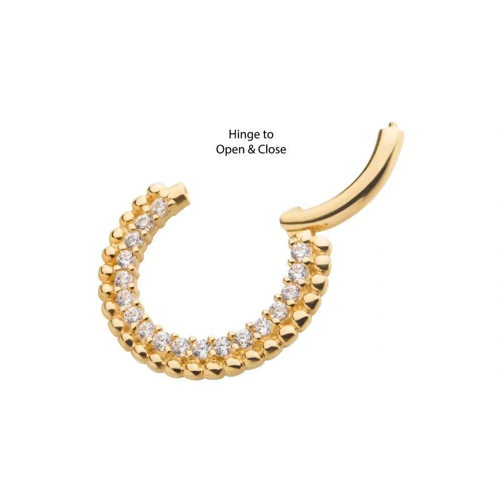 Invictus | 14k gold | Beaded Edge Front Facing Hinged Hoop | Clear CZ