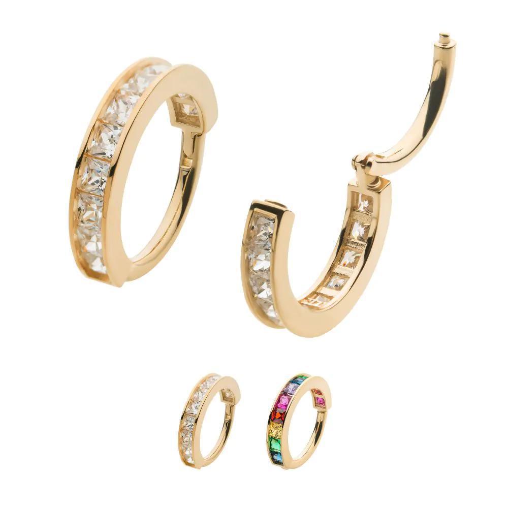 Invictus | 14k gold | Princess Side Facing Hinged Hoop | CZ