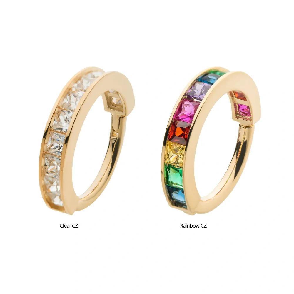 Invictus | 14k gold | Princess Side Facing Hinged Hoop | CZ