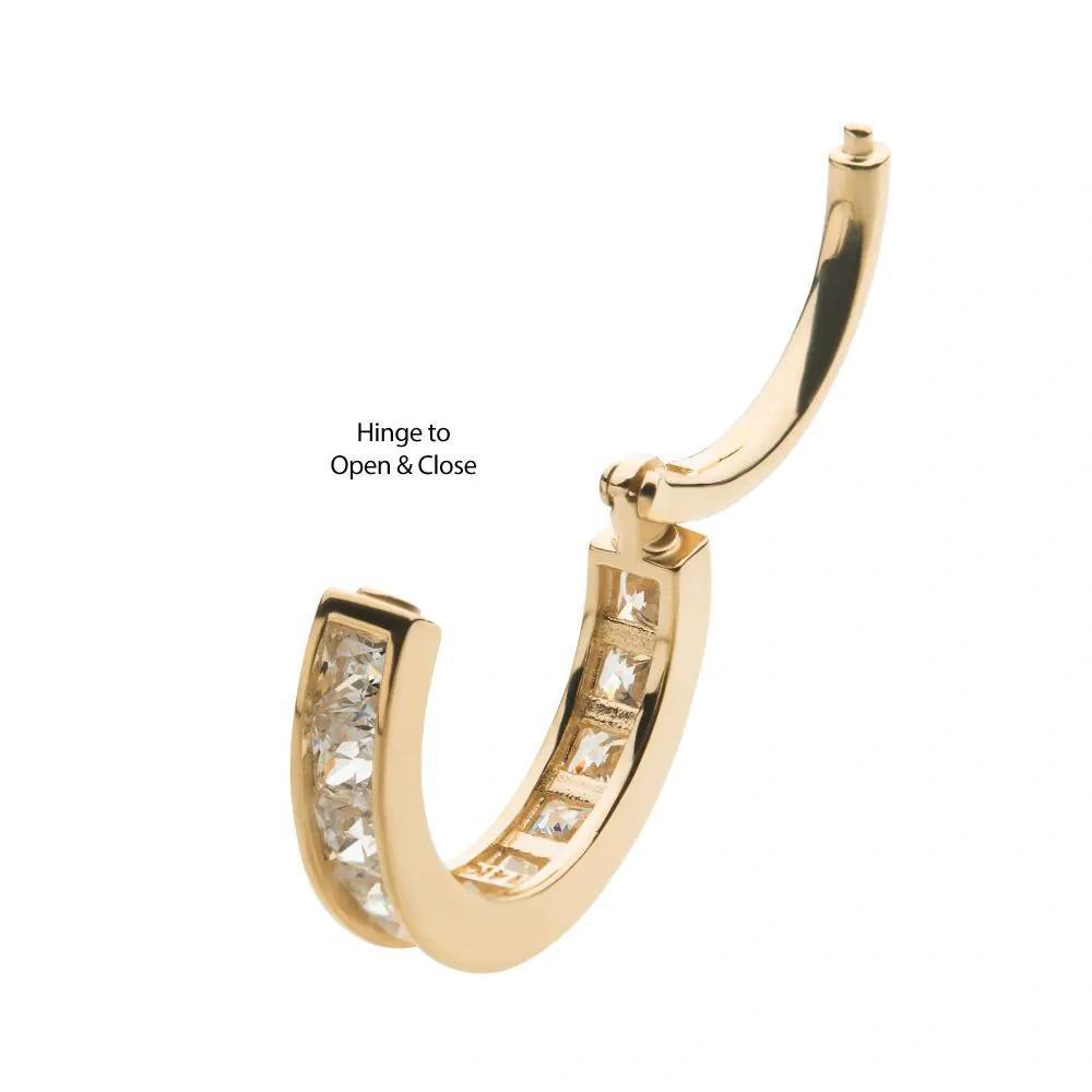 Invictus | 14k gold | Princess Side Facing Hinged Hoop | CZ