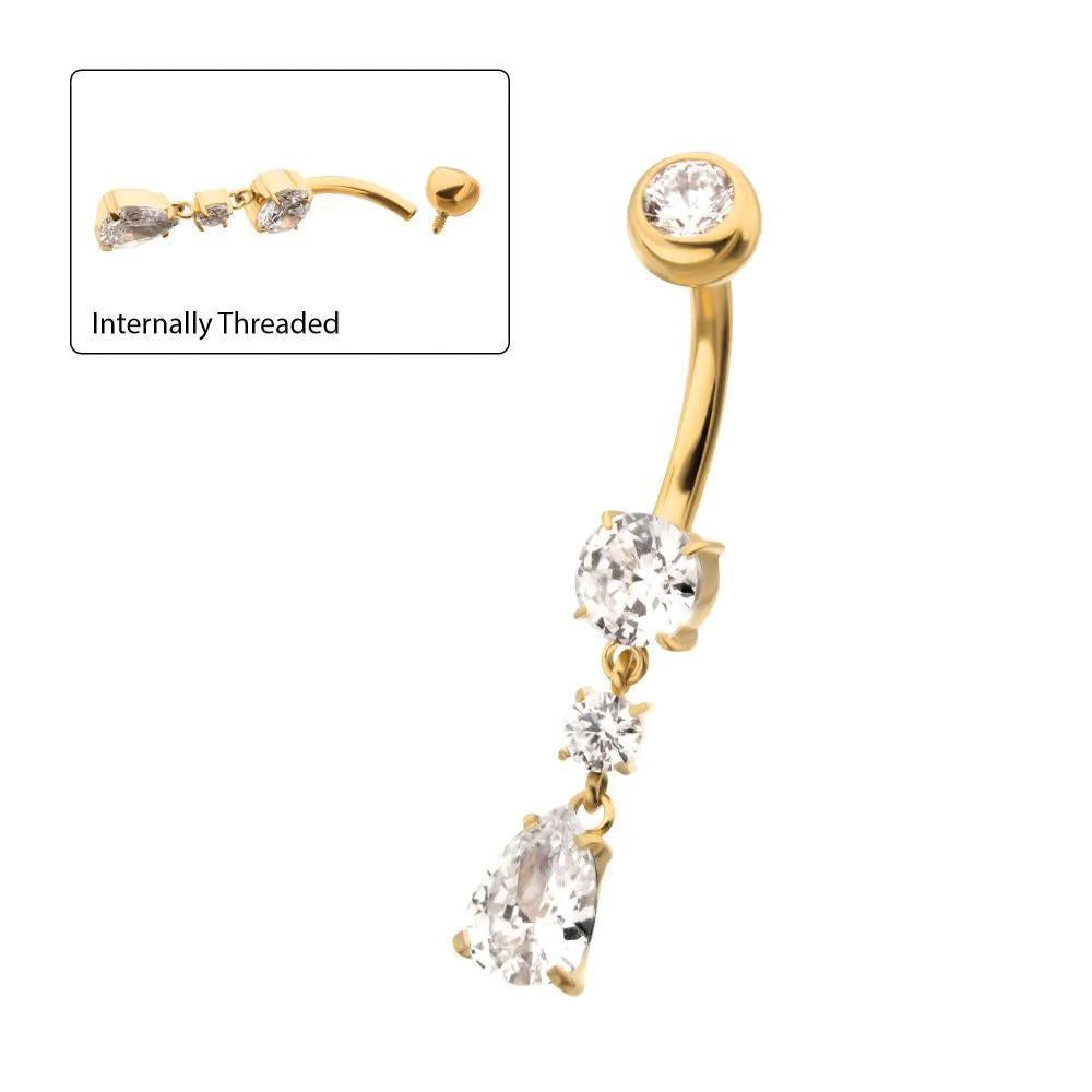 Invictus | 24k Gold PVD Titanium | Internally Threaded Double Round Gem w/ Teardrop Dangle Navel | Cubic Zirconia