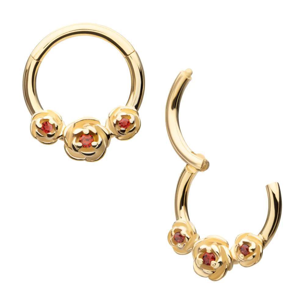 Invictus | 14k gold | Triple Rose Hinged Hoop | Cubic Zirconia