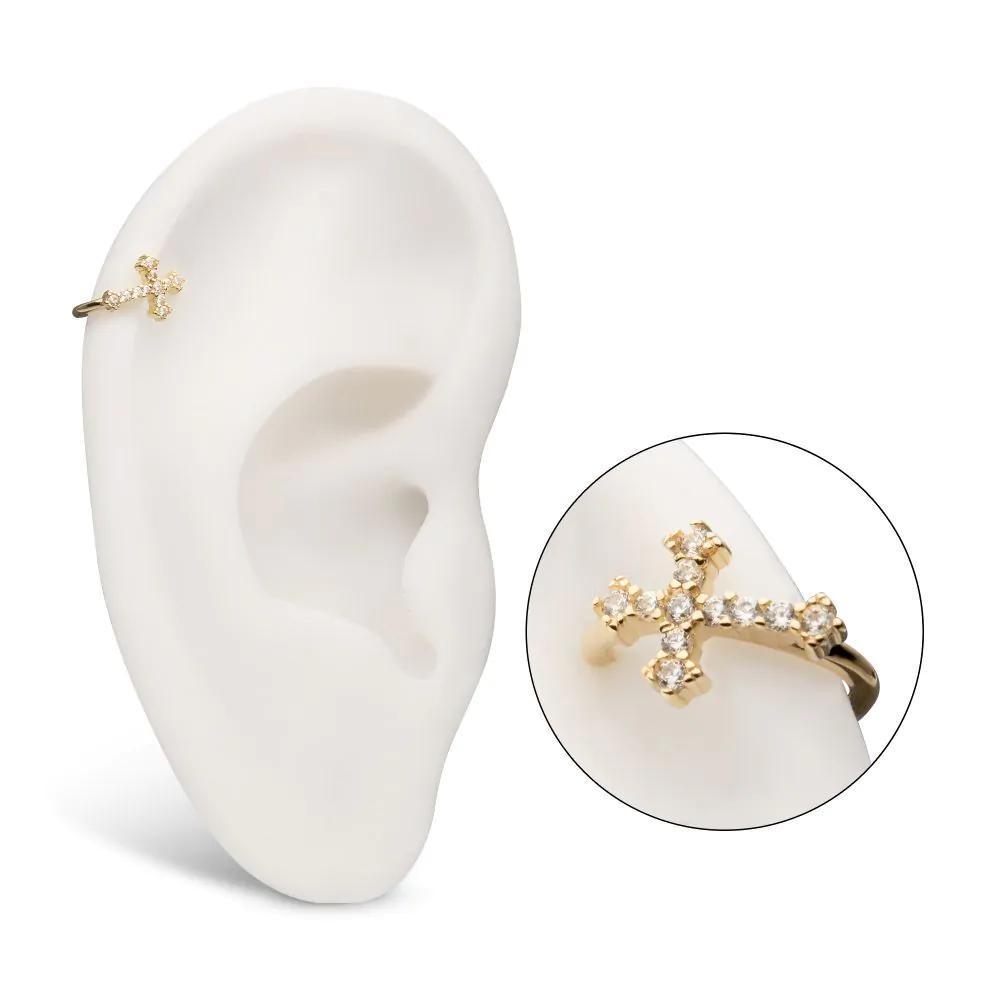 Invictus | 14k gold | Antique Cross Hinged Hoop | Side Facing | Cubic Zirconia