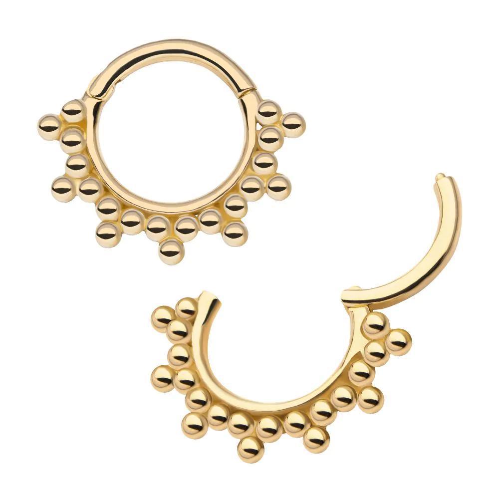 Invictus | 14k gold | 7-Cluster Tri Beads | Front Facing Hinged Hoop