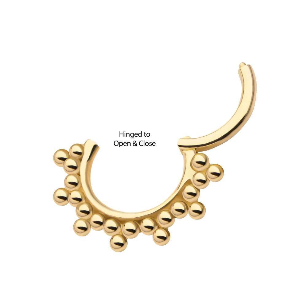 Invictus | 14k gold | 7-Cluster Tri Beads | Front Facing Hinged Hoop