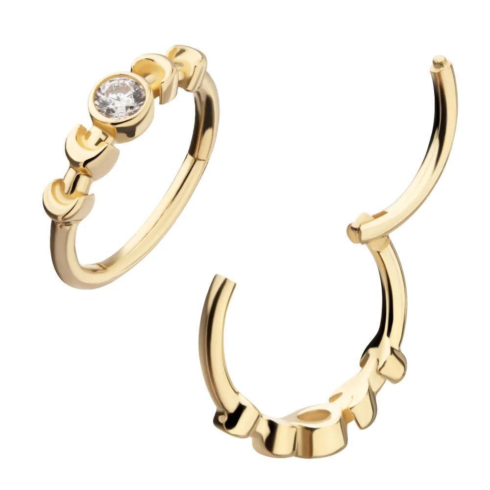 Invictus | 14k gold | Moon Phases | Side Facing Hinged Hoop | Cubic Zirconia