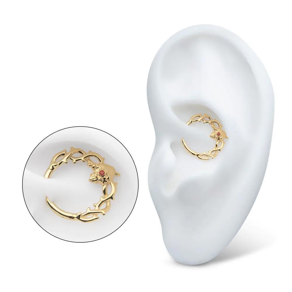 Invictus | 14k gold | Sacred Heart with Dagger & Thorns | Front Facing Hinged Hoop | Cubic Zirconia