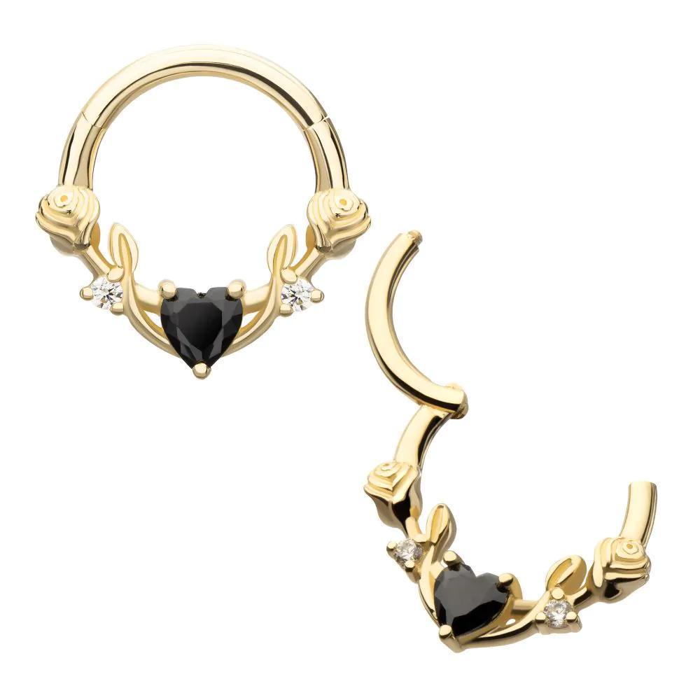Invictus | 14k gold | Black Heart with Rose Vine | Front Facing Hinged Hoop | Cubic Zirconia