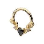 Invictus | 14k gold | Black Heart with Rose Vine | Front Facing Hinged Hoop | Cubic Zirconia