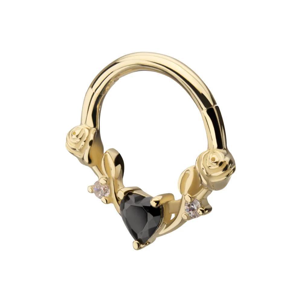 Invictus | 14k gold | Black Heart with Rose Vine | Front Facing Hinged Hoop | Cubic Zirconia