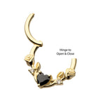 Invictus | 14k gold | Black Heart with Rose Vine | Front Facing Hinged Hoop | Cubic Zirconia