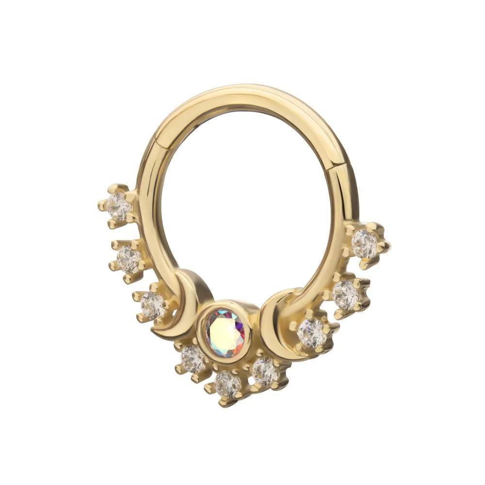 Invictus | 14k gold | Triple Moon Phase | Front Facing Hinged Hoop | Cubic Zirconia