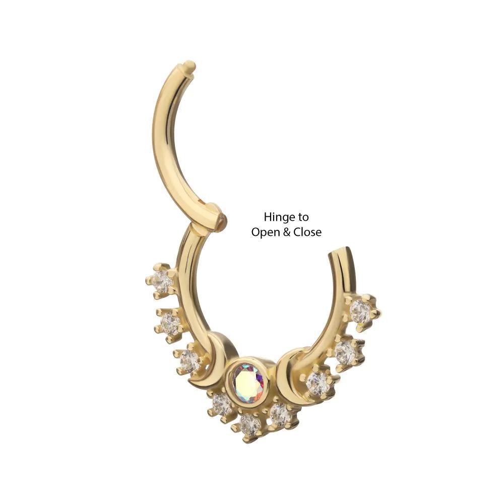 Invictus | 14k gold | Triple Moon Phase | Front Facing Hinged Hoop | Cubic Zirconia