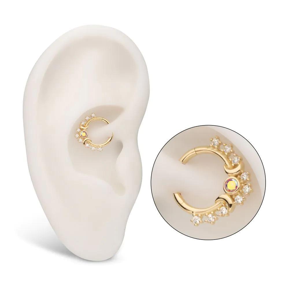 Invictus | 14k gold | Triple Moon Phase | Front Facing Hinged Hoop | Cubic Zirconia