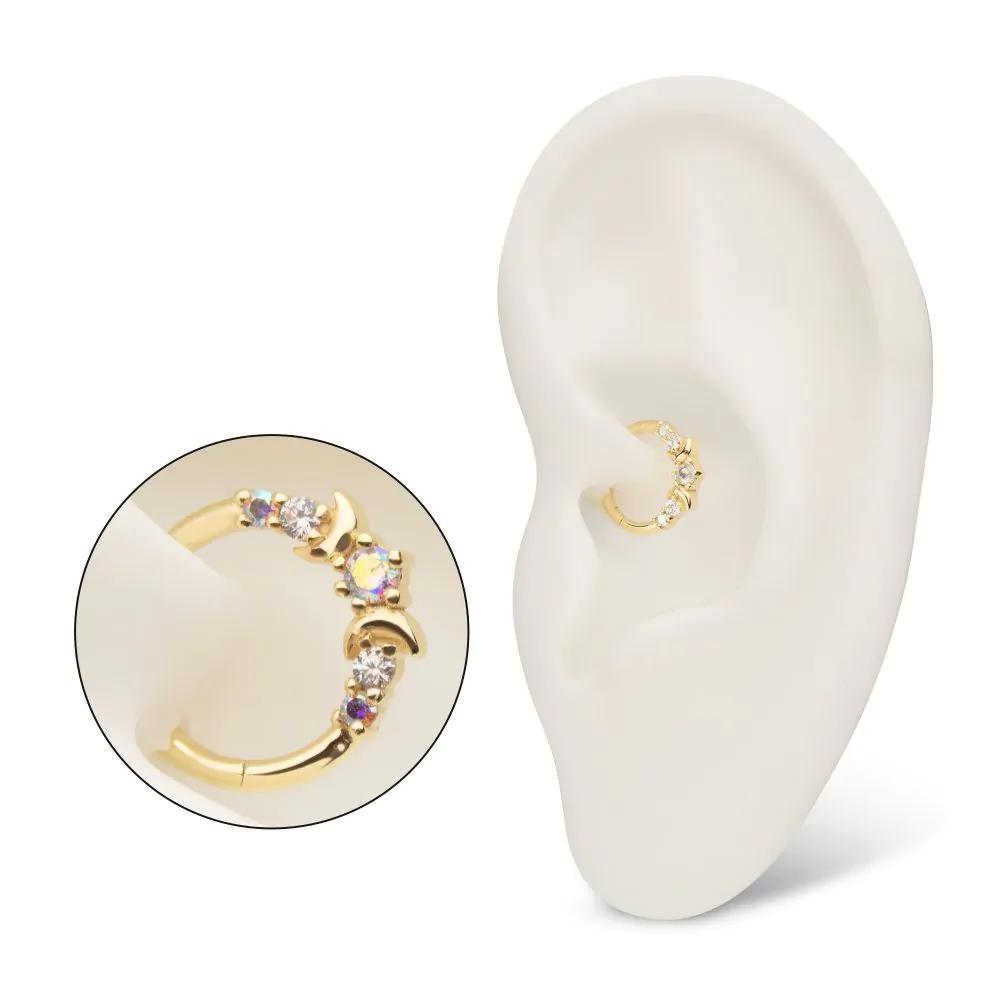 Invictus | 14k gold | Triple Moon Phase | Front Facing Hinged Hoop | Cubic Zirconia