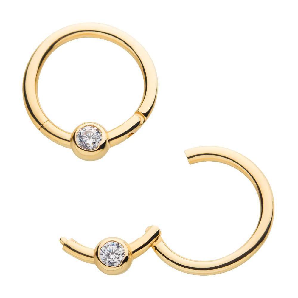 Invictus | 14k gold | Bezel Set CZ | Front Facing Hinged Hoop | Cubic Zirconia