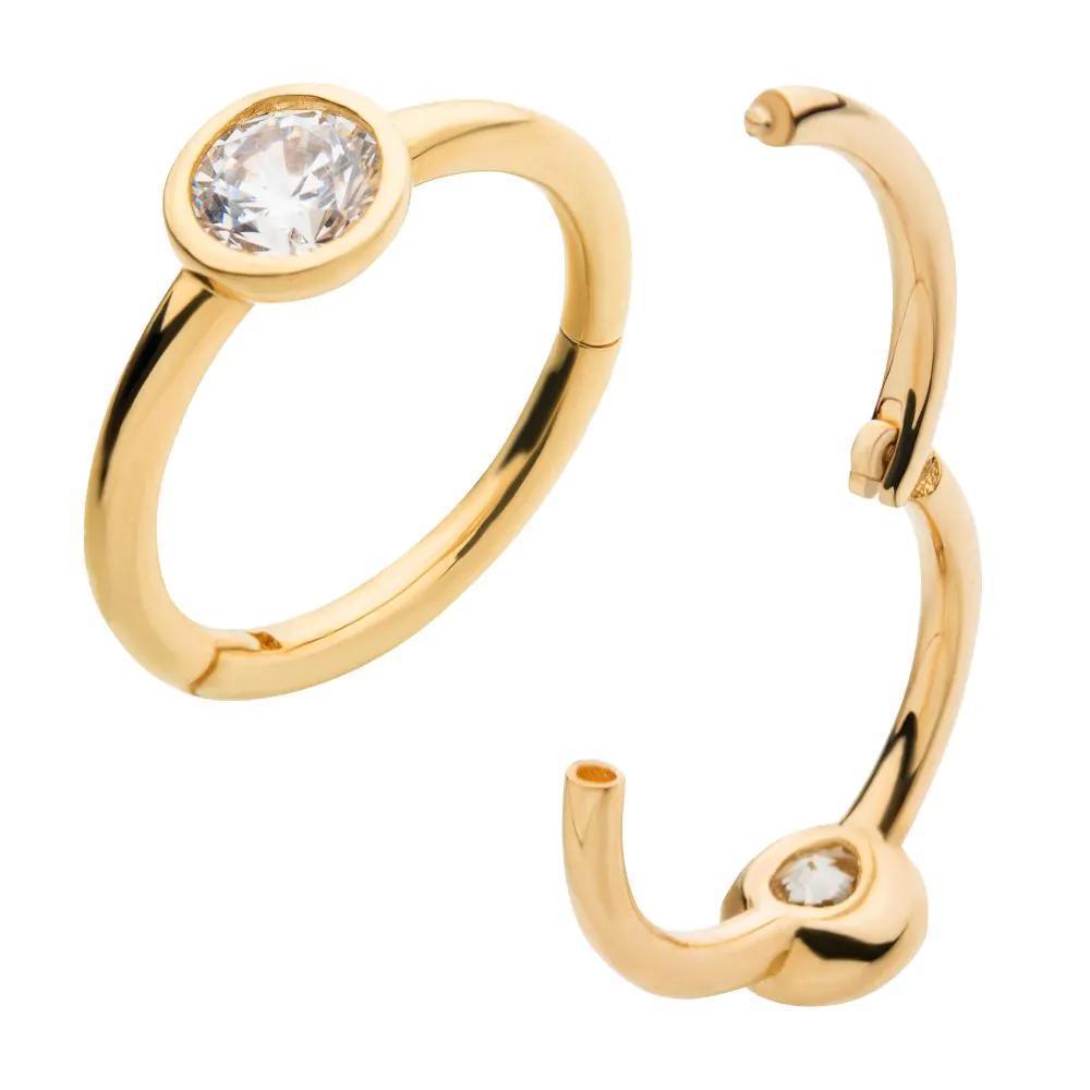 Invictus | 14k gold | Bezel Set CZ | Side Facing Hinged Hoop | Cubic Zirconia